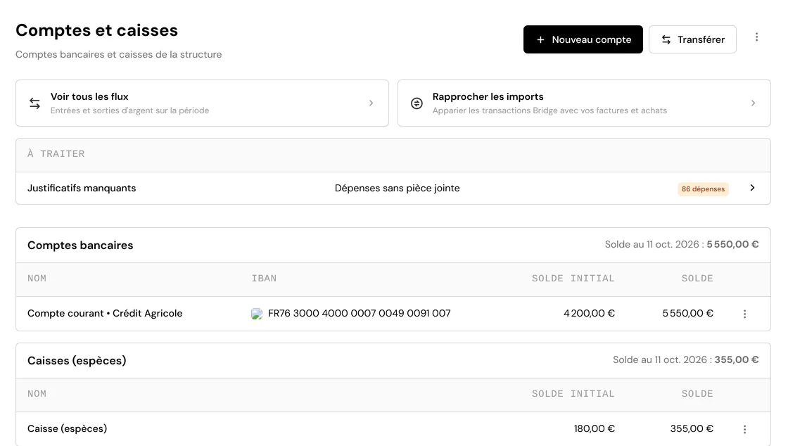 Les comptes et caisses d'un espace